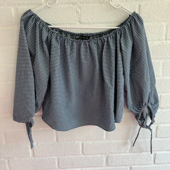 ZARA gingham cropped puff sleeve tie sleeve off shoulder blouse blue&white XS - Picture 5 of 7